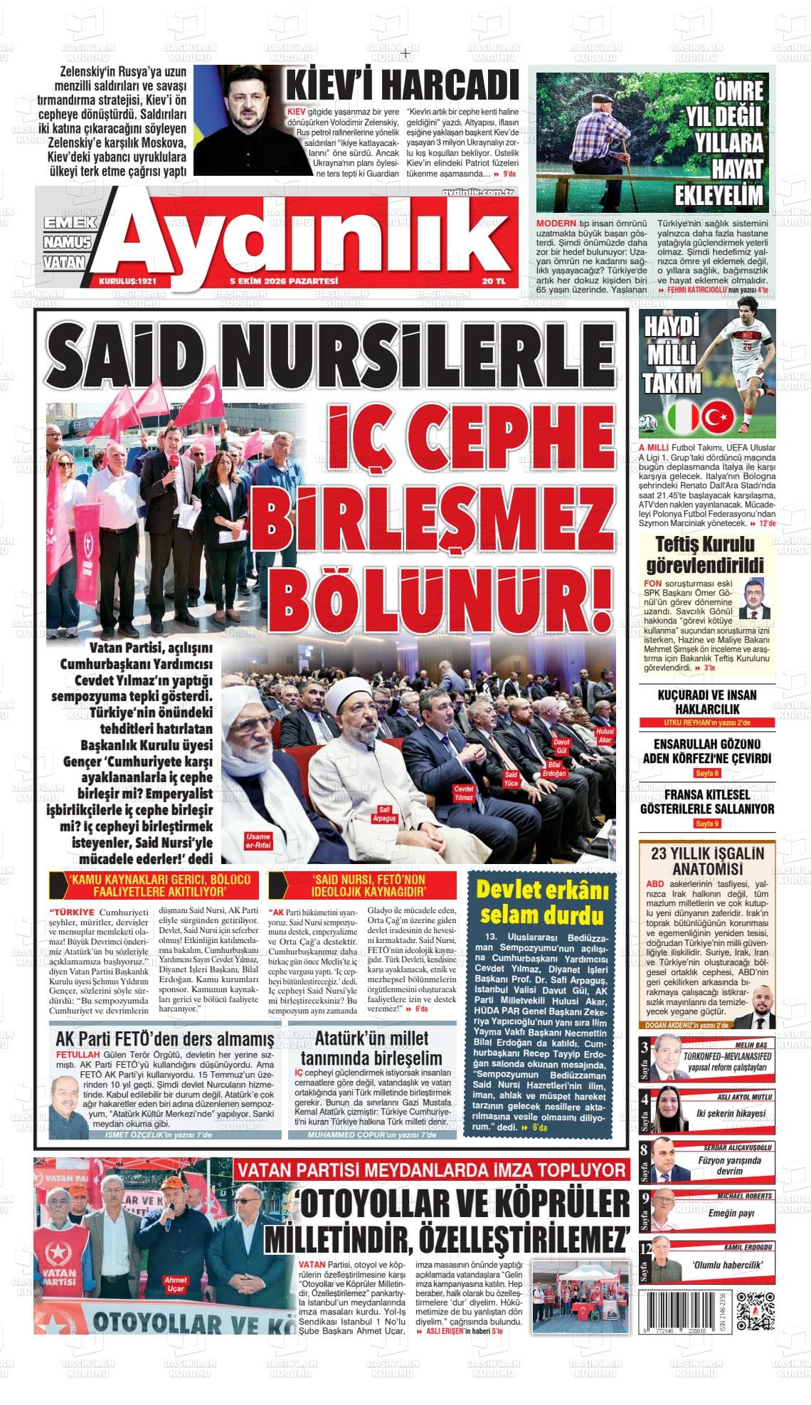 AYDINLIK gazetesi birinci sayfası