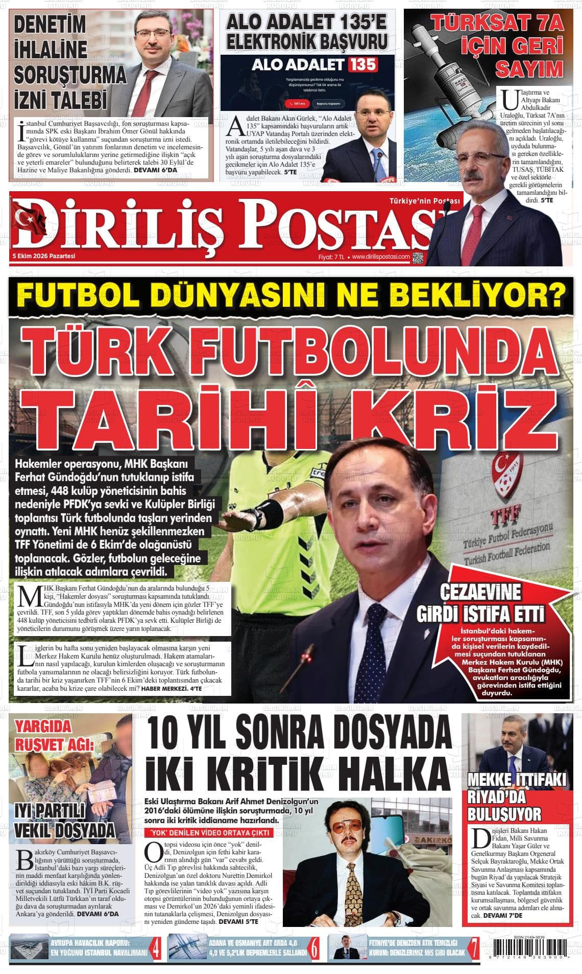 DİRİLİŞ POSTASI gazetesi birinci sayfası