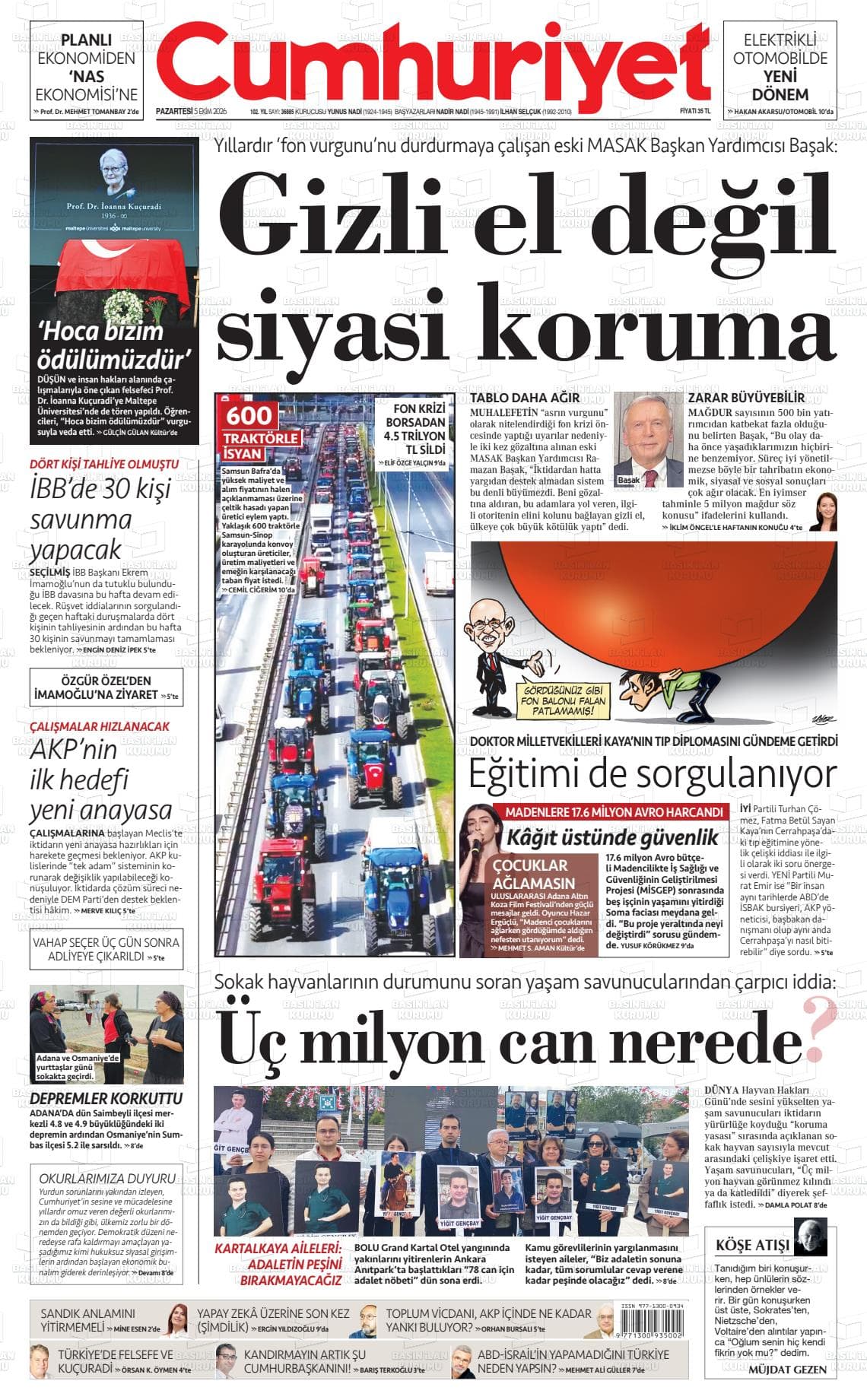 CUMHURİYET gazetesi birinci sayfası