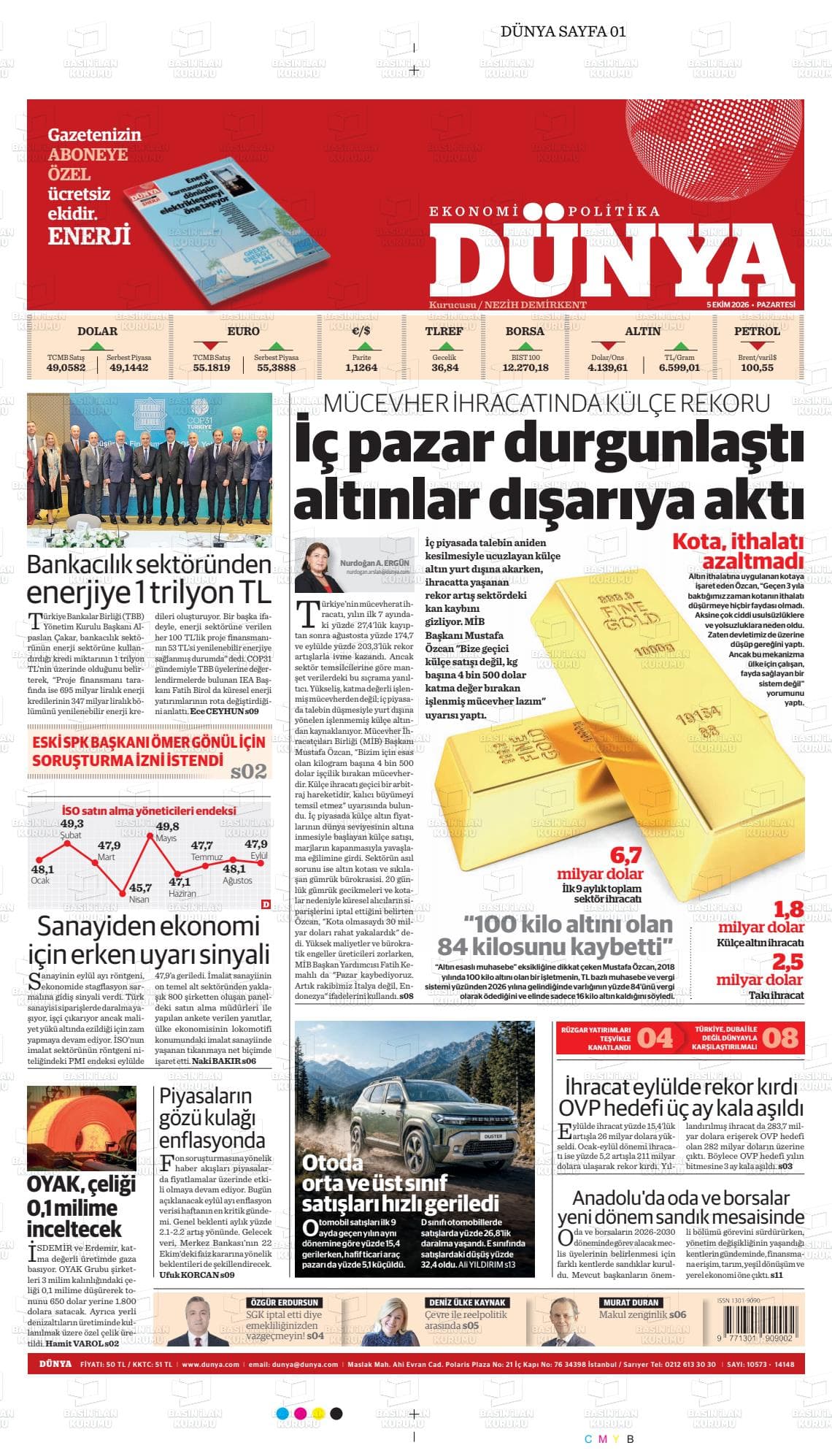 DÜNYA gazetesi birinci sayfası