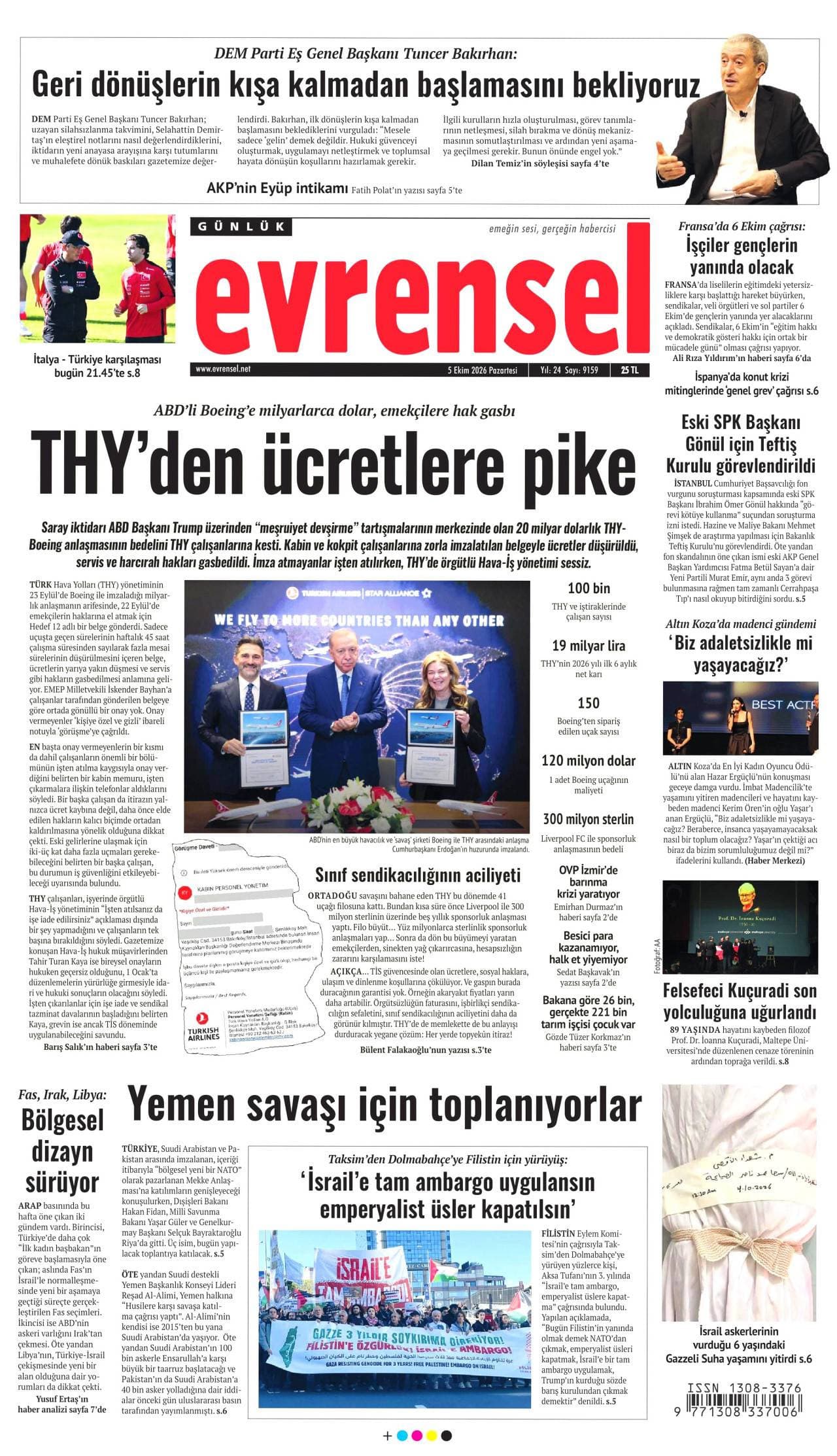 GÜNLÜK EVRENSEL gazetesi birinci sayfası