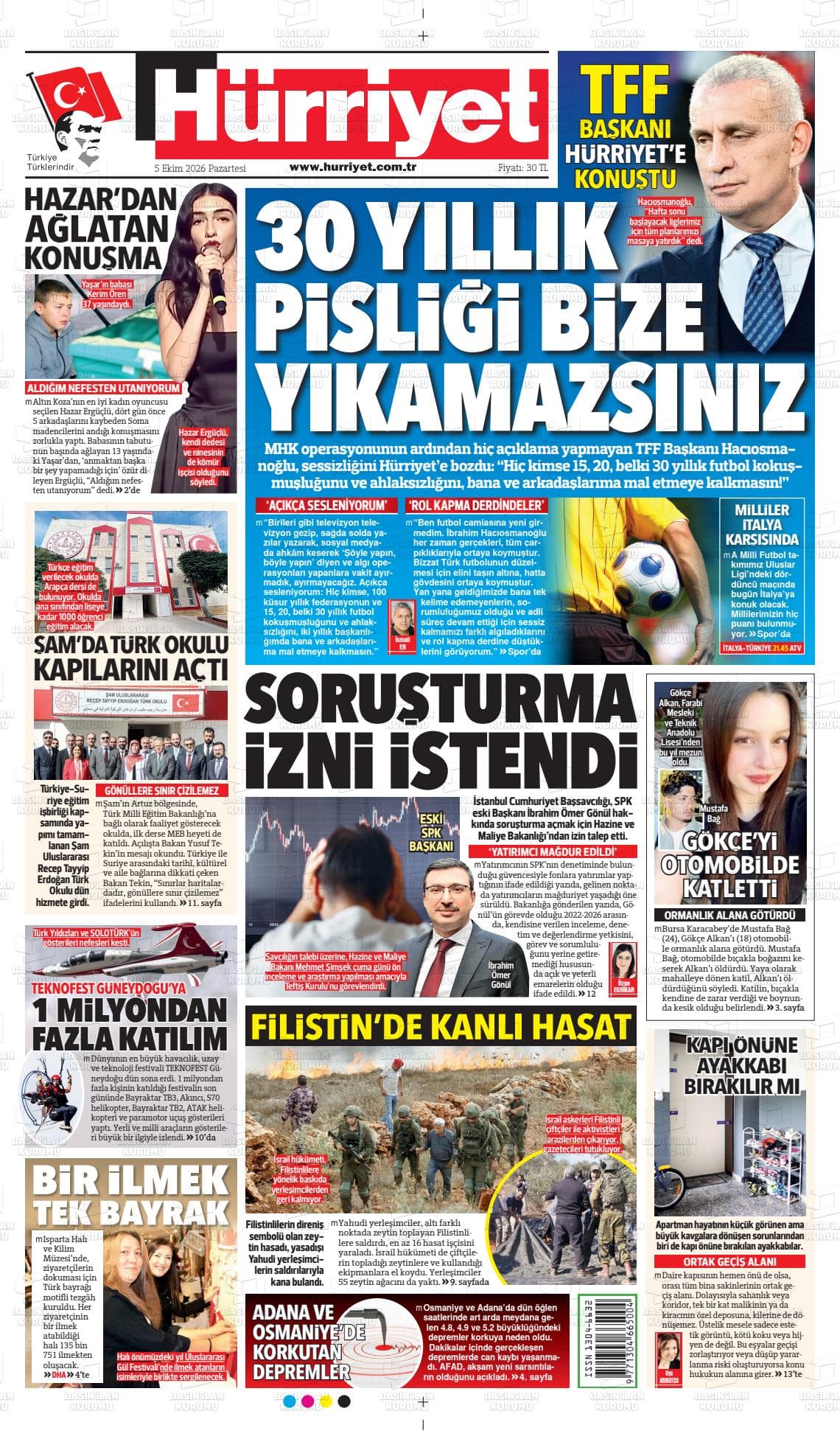 HÜRRİYET gazetesi birinci sayfası