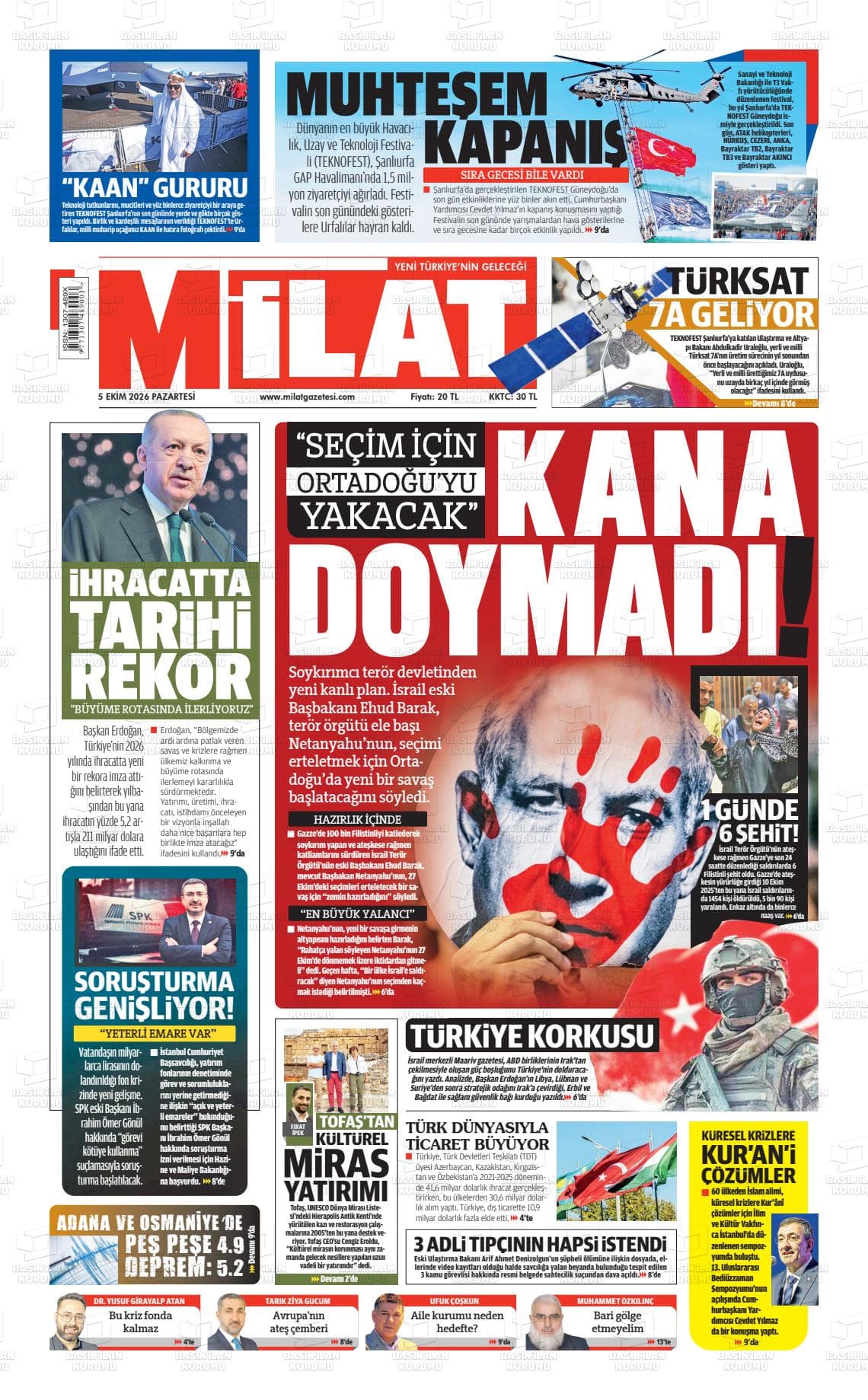 MİLAT gazetesi birinci sayfası