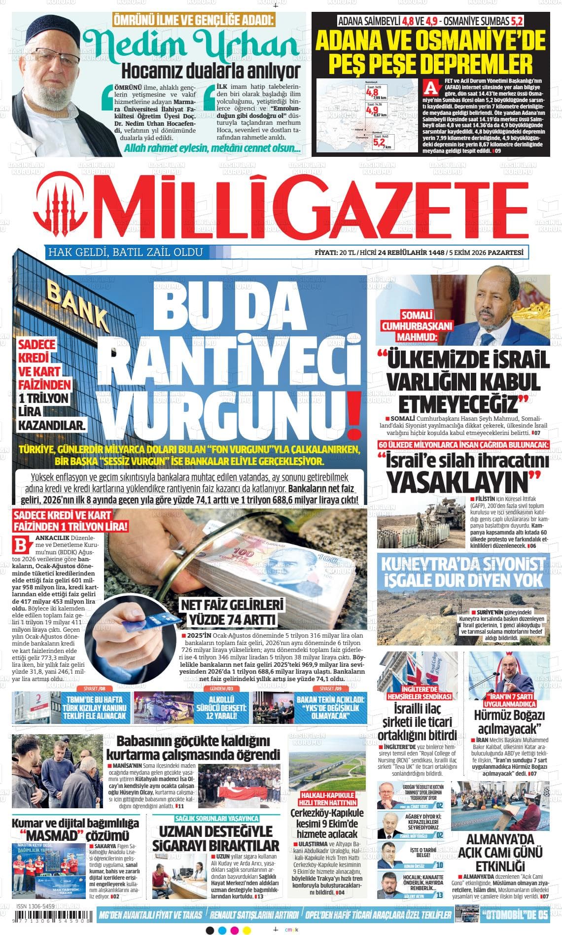 MİLLİ GAZETE gazetesi birinci sayfası