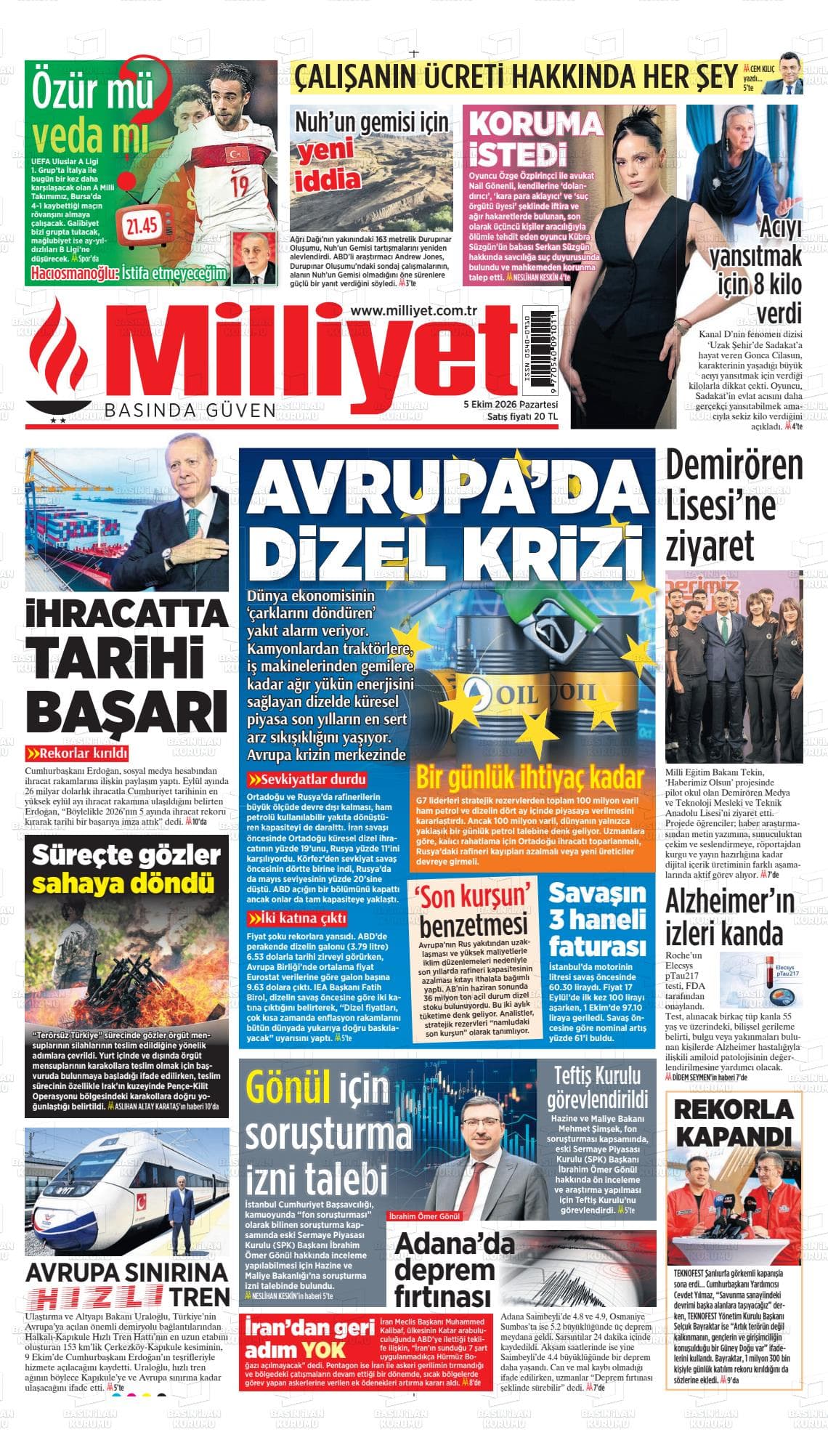 MİLLİYET gazetesi birinci sayfası