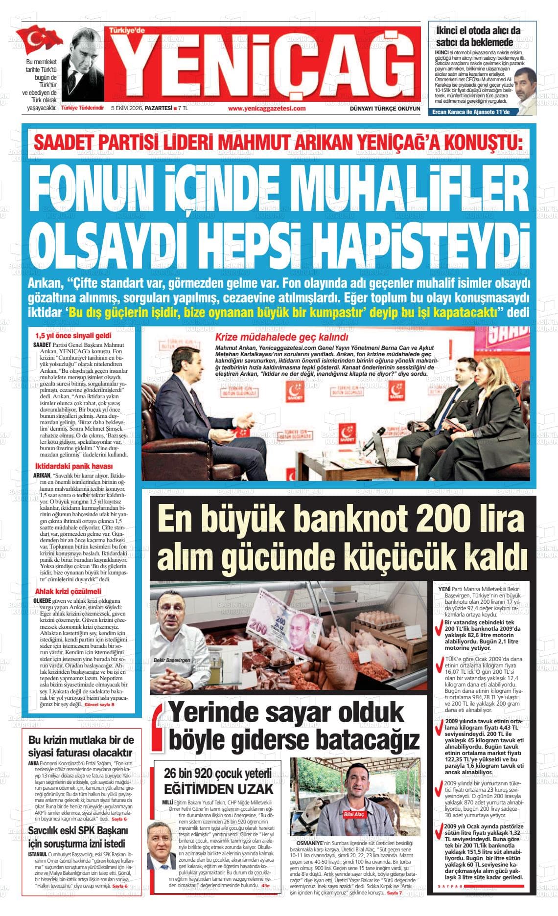 YENİÇAĞ gazetesi birinci sayfası