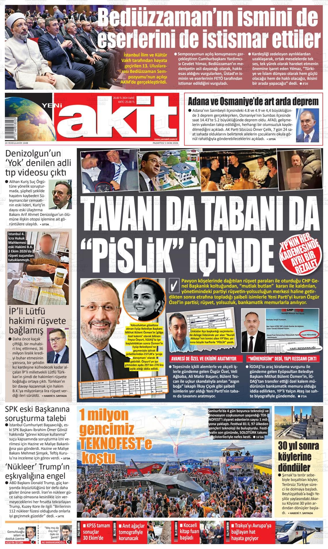 YENİ AKİT gazetesi birinci sayfası