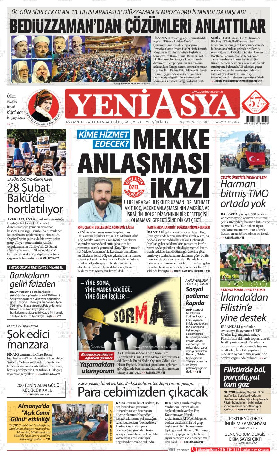 YENİ ASYA gazetesi birinci sayfası