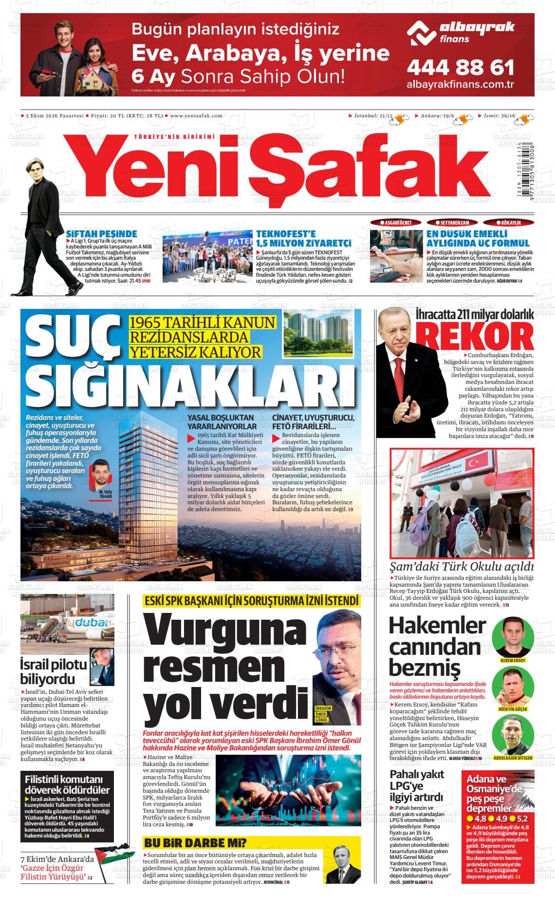 YENİ ŞAFAK gazetesi birinci sayfası