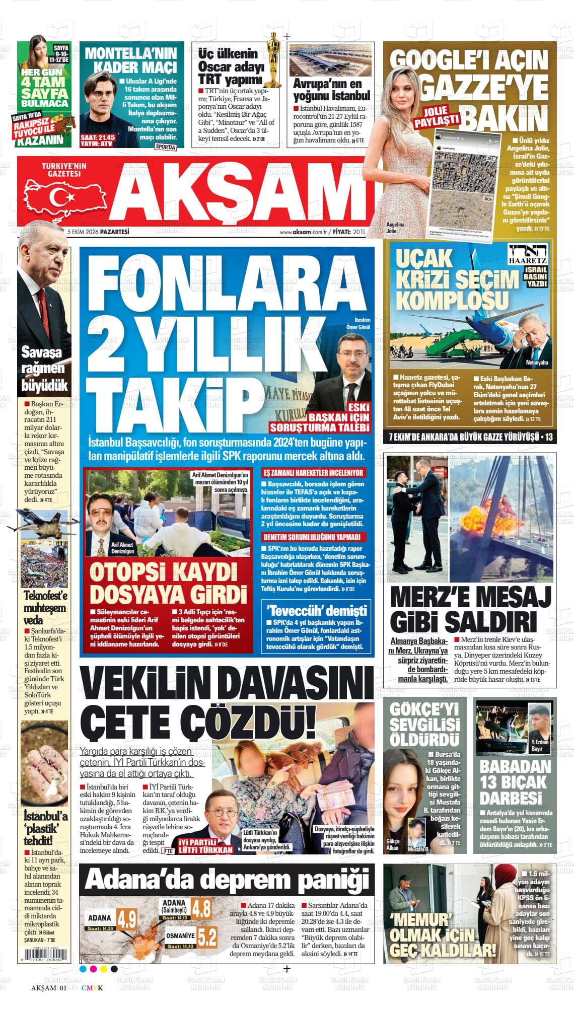 AKŞAM gazetesi birinci sayfası