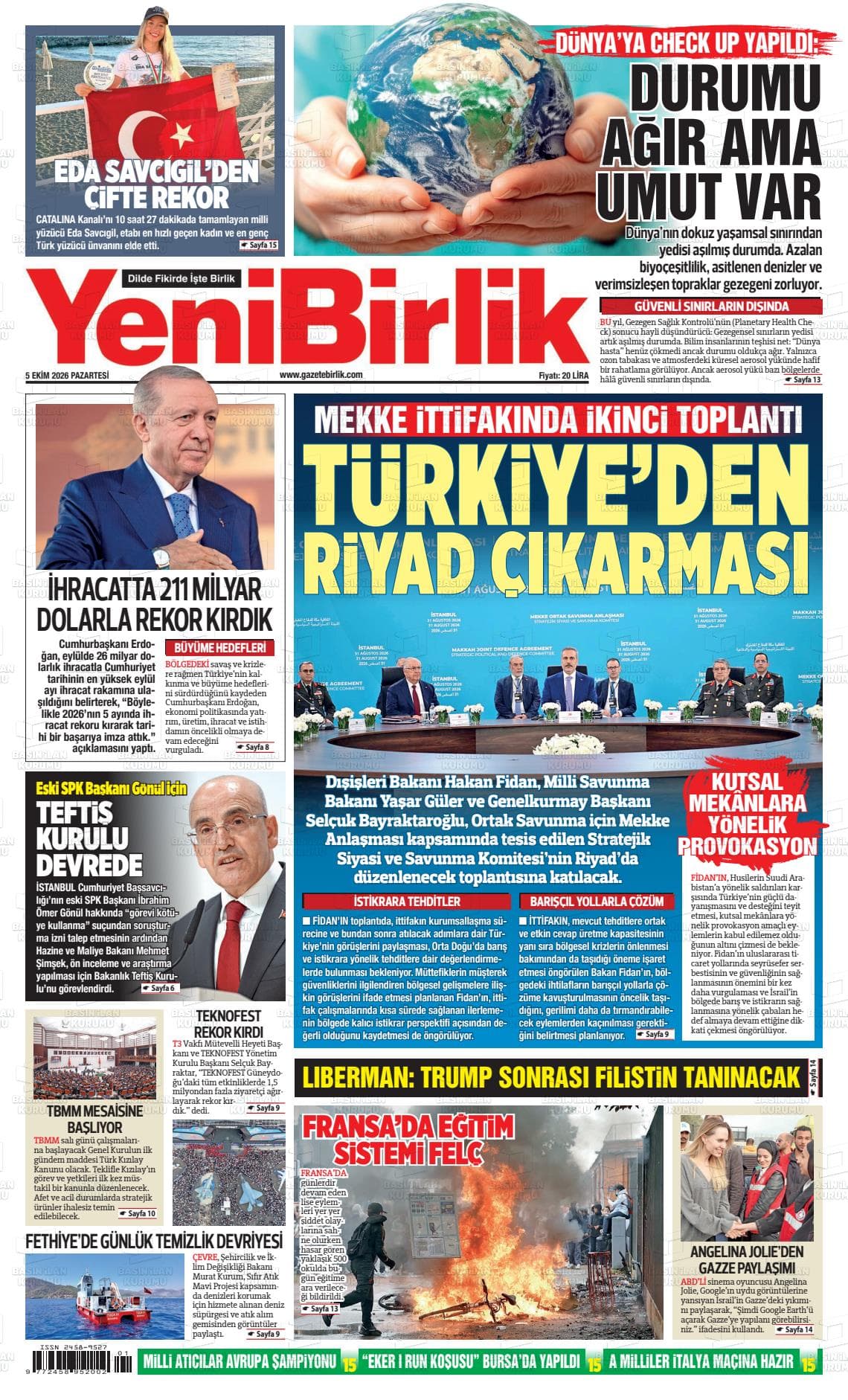 YENİ BİRLİK gazetesi birinci sayfası