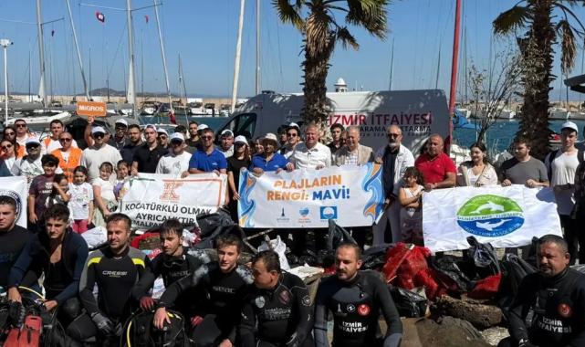 Urla'da kıyı ve deniz temizliği yapıldı.. Araba lastiği bile çıktı!